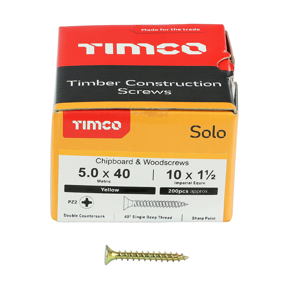 TIMCO Solo Chipboard & Woodscrews - PZ - Double Countersunk - Yellow - 5.0 x 40 - 200 Pieces